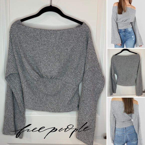 We The Free Sweaters - Free People Crazy on You Gray OffShoulder Crop Bell-Sleeve Sweater Women’s Small